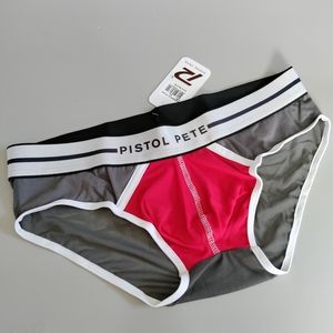 Pistol Pete Large Small sheer see through rear brief red gray white trim NWT